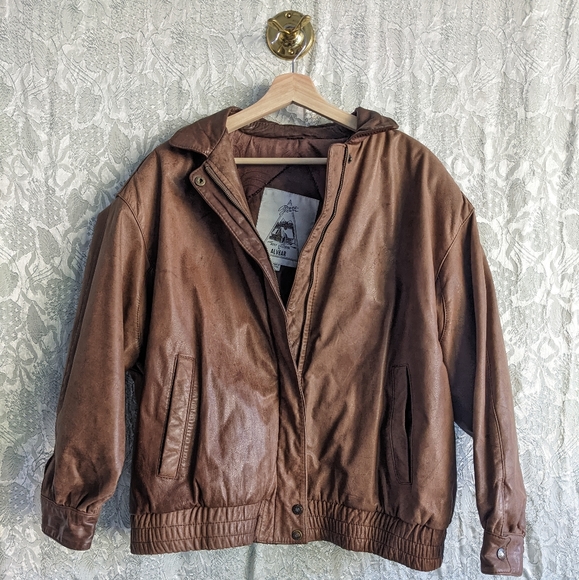 Vintage Brass Plum Brown Leather Bomber Jacket